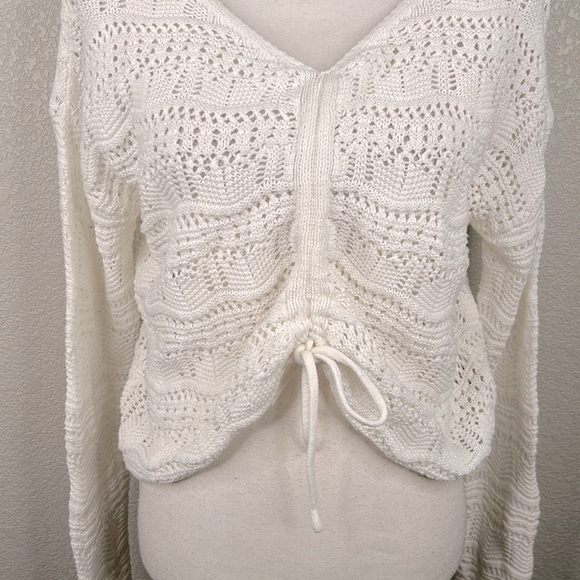 Jessica Simpson White Open Knit V-Neck Long Sleeve Front Tie Sweater Size Large - Picture 2 of 7